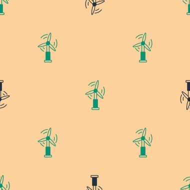 Yeşil ve siyah rüzgar türbini ikonu bej arka planda izole edilmiş pürüzsüz desen. Rüzgar jeneratörü işareti. Elektrik üretimi için yel değirmeni. Vektör