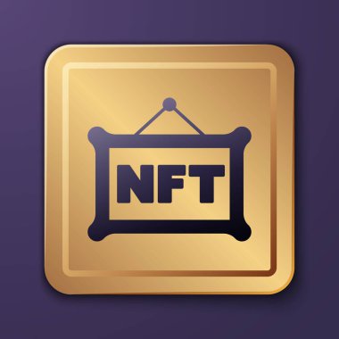 Mor NFT Dijital Şifreleme Sanatı simgesi mor arkaplanda izole edilmiş. Para iadesi olmayan jeton. Altın kare düğme. Vektör