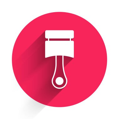 Beyaz Motor piston simgesi uzun gölge arkaplanı ile izole edildi. Araba motoru pistonu işareti. Kırmızı daire düğmesi. Vektör