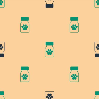 Yeşil ve siyah ilaç şişesi ve ilaç ikonu bej arka planda izole edilmiş pürüzsüz desen. İçinde haplar olan konteynır. Hayvan için reçeteli ilaç. Vektör