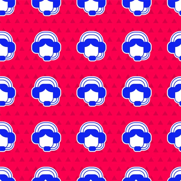 Kulaklık simgesine sahip mavi kadın kırmızı arka planda izole edilmiş kusursuz desen. Destek operatörü hatta. Çağrı merkezi konsepti, müşteri destek servisi. Vektör