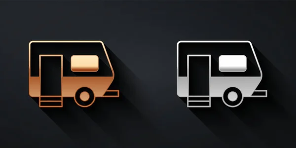 Zlato a stříbrné Rv Camping přívěs ikona izolované na černém pozadí. Cestovní karavan, karavan, obytný karavan na cestu. Dlouhý stínový styl. Vektor — Stockový vektor