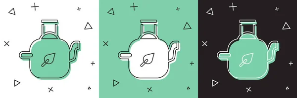 Set Teekanne mit Blatt-Symbol isoliert auf weißem und grünem, schwarzem Hintergrund. Vektor — Stockvektor