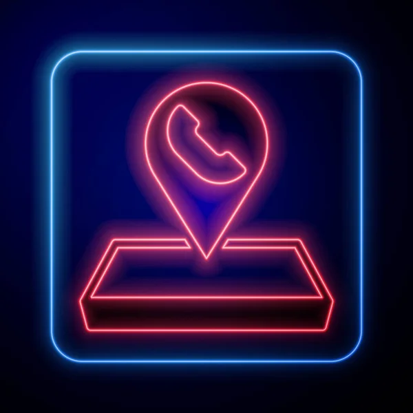 Ponteiro de mapa de néon brilhante com telefone ou ícone de comunicação isolado no fundo preto. Localização do call center. Vetor —  Vetores de Stock
