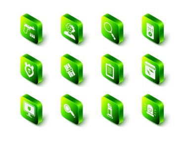 Cinayet Masası, arama yapan büyüteç, 911 'i arayın, kanıt torbası mermisi, flasher siren, polis raporu, biber gazı ve ıslık ikonu. Vektör