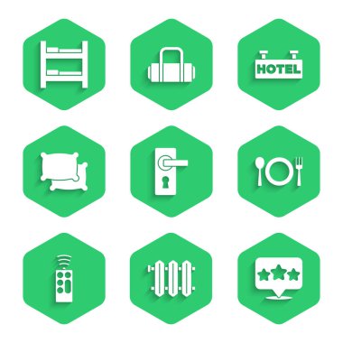 Kapı kolu, ısıtma radyatörü, beş yıldızlı değerlendirme plaka, çatal bıçak, uzaktan kumanda, Yastık, Sinyal Panosu ve yatak odası ikonu. Vektör