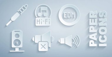 Hoparlörü sessize al, EDM elektronik dans müziği, Stereo hoparlör, ses, nota, ton ve ses kriko simgesi. Vektör