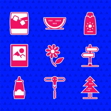 Çiçek, şarap tirbuşonu, ağaç, trafik işareti, sos şişesi, fotoğraf çerçevesi, güneş kremi tüpü ve buzlu viski bardağı. Vektör