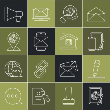 Satır postalarını ve e-postalarını, silgisiyle kalem, telefon grafiği tableti, cep telefonu zarfı, konum, megafon ve ev simgesini ayarla. Vektör