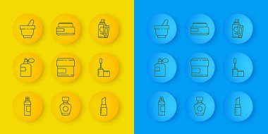 Parfüm, krem ya da losyon kozmetik tüpü, ruj, Mascara fırçası, havan topu ve tokmak ve ikon. Vektör