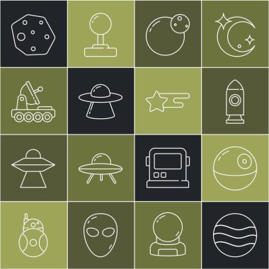Set hattı Planet, Death Star, Roket gemisi, UFO uçan uzay gemisi, Mars Rover, Asteroid ve Düşen ikon. Vektör