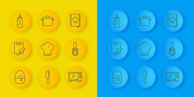 Hattı ayarla, mutfak zamanlayıcısı, kesme tahtası ve bıçak, Şef şapkası, mikrodalga fırın, pizza, sos şişesi, yemek kitabı ve tencere ikonu. Vektör