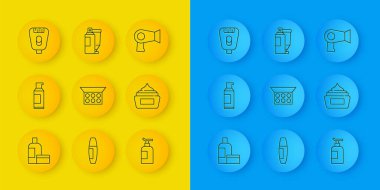 Hat kremi ya da losyon kozmetik tüpü, saç spreyi için sprey kutusu, aynalı makyaj tozu, Epilatör, saç kurutma makinesi ve ikon. Vektör