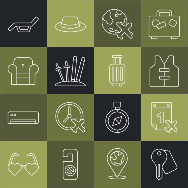 Hat otelinin kapı kilidi anahtarı, takvim ve uçak, can yeleği, uçan Globe, kayak sopaları, Kol sandalyesi, güneş yatağı şemsiyesi ve bavul ikonu. Vektör