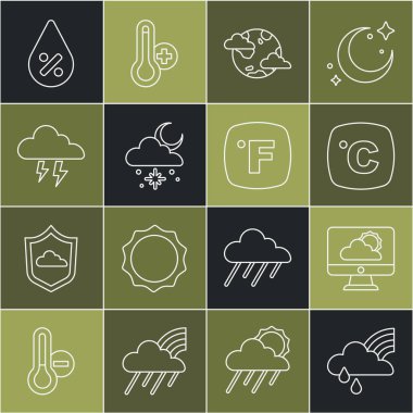 Gökkuşağı 'nı bulut ve yağmurla, hava tahmini, Celsius, Dünya gezegeni bulutları, Bulutlu kar güneşi, Fırtına, Su damlası yüzdesi ve Fahrenheit ikonu ile ayarla. Vektör