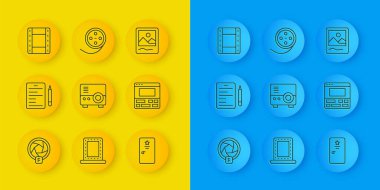 Çizgi kamera deklanşörü, senaryo, medya projektörü, sahne arkası, video kaydediciyi dizüstü bilgisayarda, oynat, fotoğraf çerçevesi ve film makarası ikonunda ayarla. Vektör