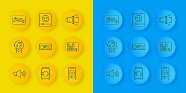 Satır Hoparlörünün sesini ayarla, kare olarak çal, Kaydet düğmesi, müzik çalar, eşitleyici, dalga, spot ışığı ve simge. Vektör