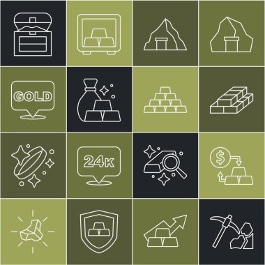 Altın madenciliği, döviz parası, kağıt para yığını, maden, altın külçeleri, antika hazine sandığı ve ikon. Vektör