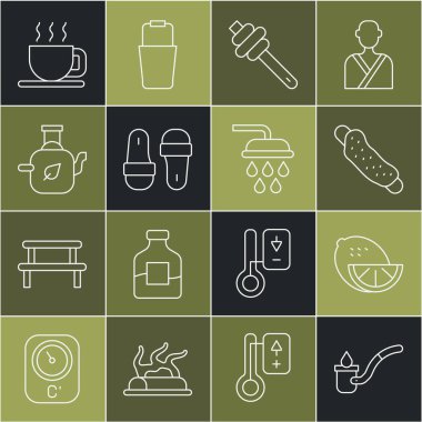 Sauna kepçesi, limon, çamaşır bezi, ballı çubuk, terlik, yapraklı çaydanlık, çay ve duş ikonu. Vektör