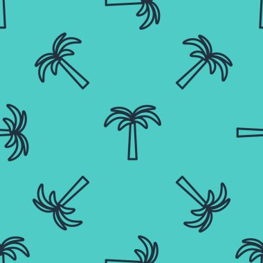 Siyah çizgi tropikal palmiye ağacı ikonu yeşil arka planda izole edilmiş pürüzsüz desen. Hindistan cevizi palmiyesi. Vektör