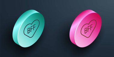 Isometric line BFF ya da en iyi arkadaşlar sonsuza kadar siyah arkaplanda izole edilmiş ikon. Turkuaz ve pembe daire düğmesi. Vektör