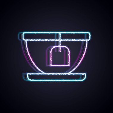 Siyah arka planda izole edilmiş çay poşeti ikonu olan parlak neon çizgi bardağı. Vektör