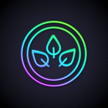 Parlayan neon hattı vegan beslenme ikonu siyah arka planda izole edildi. Organik, biyolojik, ekolojik sembol. Vejetaryen, et yok, laktozsuz, sağlıklı, taze ve şiddet içermeyen yiyecekler. Vektör