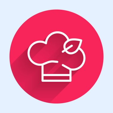 Uzun gölgeli beyaz çizgi vegan yemek diyeti ikonu. Organik, biyolojik, ekolojik sembol. Vejetaryen, et yok, laktozsuz, sağlıklı, taze ve şiddet içermeyen yiyecekler. Kırmızı daire düğmesi. Vektör