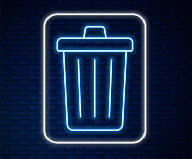 Parlayan neon hattı çöp kutusu simgesi tuğla duvar arka planında izole edildi. Çöp kutusu tabelası. Sepet simgesini geri dönüştür. Ofis çöpü ikonu. Vektör