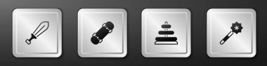 Kılıç oyuncağı, kaykay, piramit ve sihirli değnek ikonu. Gümüş kare düğme. Vektör