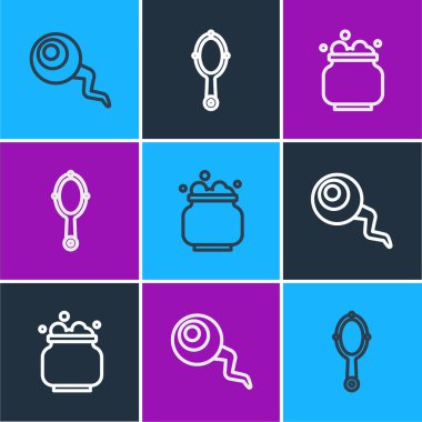 Çizgiyi ayarla Göz, cadı kazanı ve sihirli el aynası ikonu. Vektör