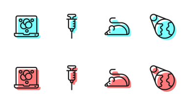 Sınır çizgisi deneysel fare, kimyasal formül, şırınga ve Dünya ikonu. Vektör