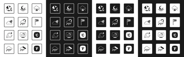 Set Cloud with snow, rain and sun, Rainbow clouds, Water drop percentage, Cone windsock wind vane, Sunset, Celsius and Moon stars icon. Vector — Image vectorielle