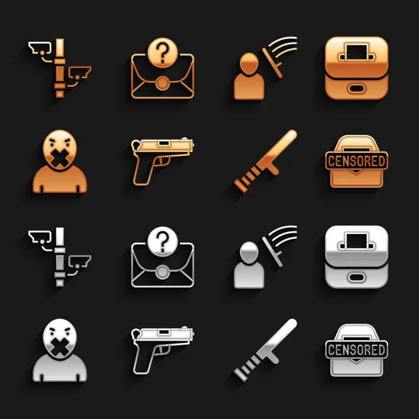 Set Pistol or gun, Vote box, Censored stamp, Police rubber baton, and freedom of speech, beat human, Security camera and Envelope with question mark icon. Vector —  Vetores de Stock