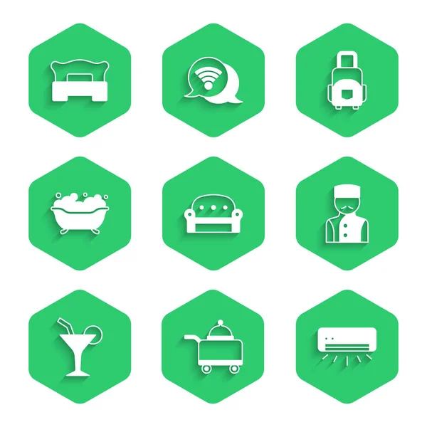 Set Sofa, Covered with tray food, Air conditioner, Concierge, Cocktail, Bathtub, Suitcase and Bedroom icon. Vector — Stockvektor