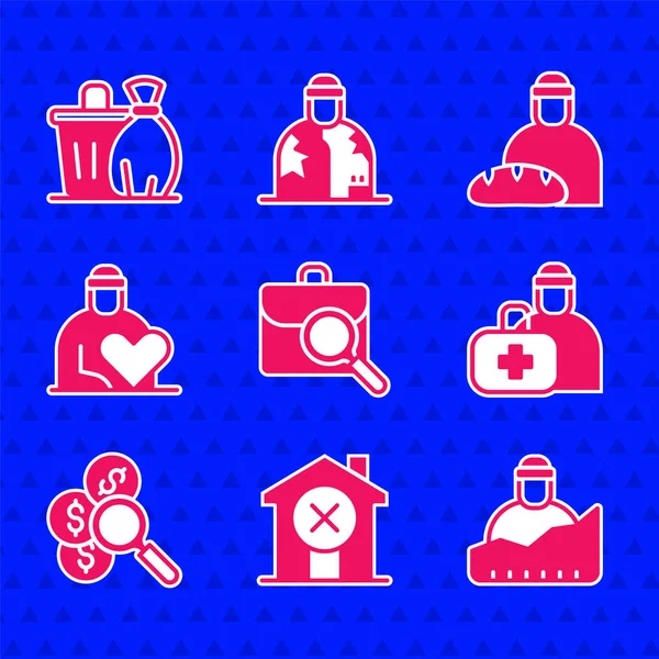 Set Work search, No house, Growth of homeless, First aid kit, Search for money, Volunteer, Feeding the and Trash can icon. Vector — ストックベクタ