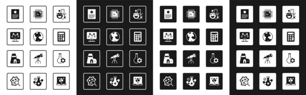Set Basic geometric shapes, Earth globe, Genetic engineering, Patient record, Calculator, Processor CPU, Test tube and Power station plant icon. Vector — Stockvektor