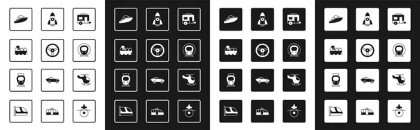 Set Rv Camping trailer, Steering wheel, Oil tanker ship, Speedboat, Train and railway, Rocket, Helicopter and Tram icon. Vector — Stockvektor