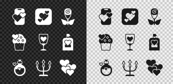 Set Dating app online mobile, Heart, Flower rose, Bottle with love potion, Candlestick, Wedding cake and Glass of champagne icon. Vector — стоковый вектор