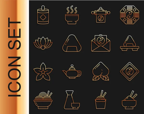 Set baris Beras dalam mangkuk dengan sumpit, Yin Yang, Sushi pada memotong papan, Lotus bunga, Firework dan amplop ikon. Vektor - Stok Vektor