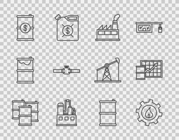 Set line Barrel oil, Oil industrial factory building, with dollar, Industry pipes and valve, and price increase icon. Vector — ストックベクタ