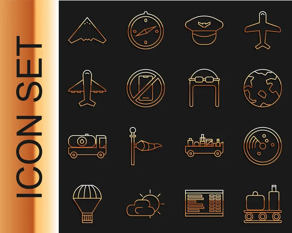 Set line Airport conveyor belt with suitcase, Radar targets monitor, Worldwide, Pilot hat, No cell phone, Plane, Jet fighter and Aviator goggles icon. Vector — Image vectorielle