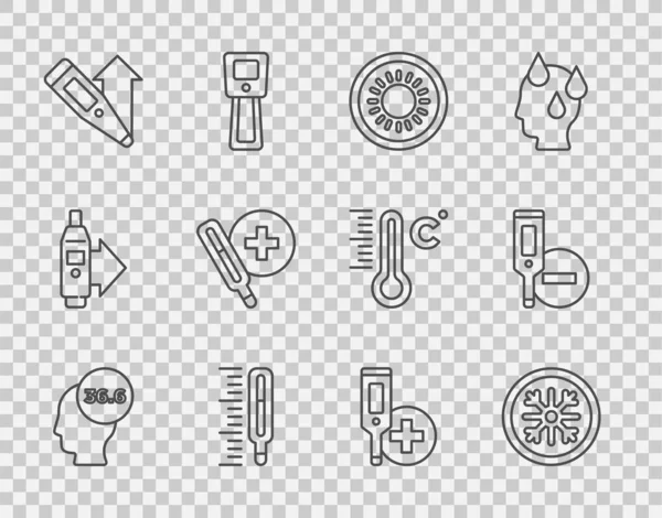 Ustaw linię Termometr medyczny, Śnieżynka, Słońce, Cyfrowy i ikona. Wektor — Wektor stockowy