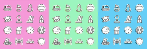 Set line Sun, Solar system, Rocket ship, Joystick, Satellites orbiting the planet, Mars rover and dish icon. Vector — Stockvektor