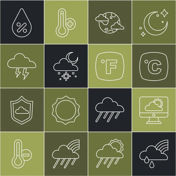 Gökkuşağı 'nı bulut ve yağmurla, hava tahmini, Celsius, Dünya gezegeni bulutları, Bulutlu kar güneşi, Fırtına, Su damlası yüzdesi ve Fahrenheit ikonu ile ayarla. Vektör