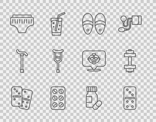 Set line Domino, Slippers, Pills blister pack, Adult diaper, Crutch or crutches, Medicine bottle and pills and Dumbbell icon. Vector — 스톡 벡터