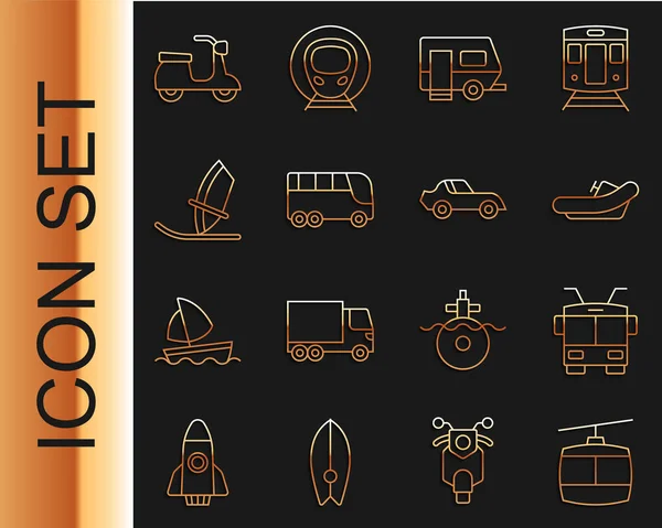 Set line Cable car, Trolleybus, Rafting boat, Rv Camping trailer, Bus, Windsurfing, Scooter and Car icon. Vector — Vettoriale Stock
