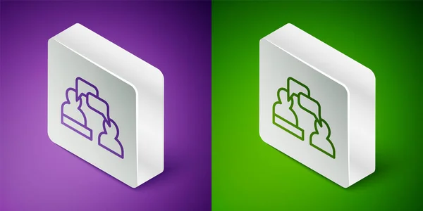 Isometric line Two sitting men talking icon isolated on purple and green background. Speech bubble chat. Message icon. Communication or comment chat symbol. Silver square button. Vector — Vector de stock