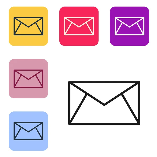 Linha preta Ícone de correio e e-mail isolado no fundo branco. Envelope símbolo e-mail. E-mail sinal de mensagem. Definir ícones em botões quadrados de cor. Vetor — Vetor de Stock