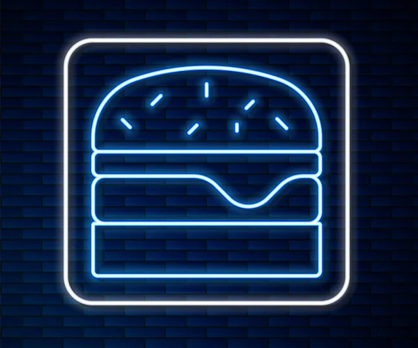Glowing neon line Ikon Burger terisolasi di dinding bata latar belakang. Ikon hamburger. Cheeseburger sandwich sign. Makanan cepat saji. Vektor - Stok Vektor